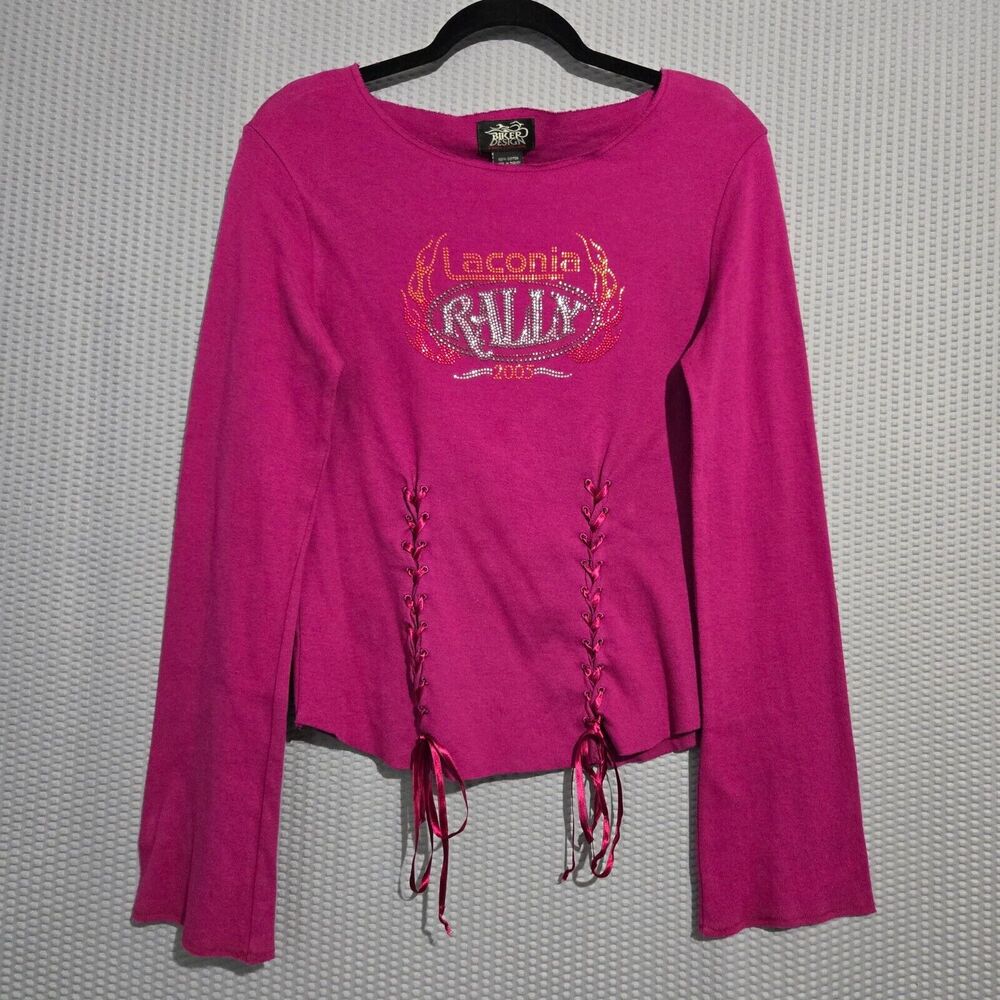 Biker Design Womens Pink Sparkly Rhinestone Long Sleeve Sweater Size XL Biker